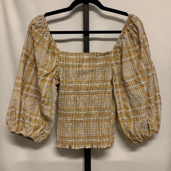 Maeve Anthropologie Smocked Top Yellow Plaid Small Cottagecore Western Cowgirl - Picture 2 of 8